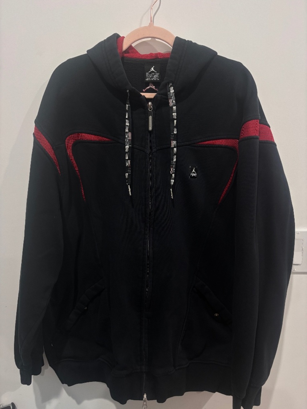 Vintage Jordan Flight Hoodie Men XXL Black Red Mesh Full Zip Sweatshirt
